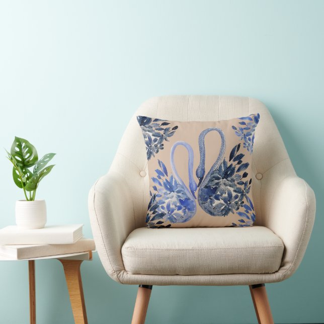 Almofada Artistic Blue Swans Watercolor Hand-painted (Cadeira)