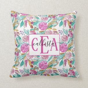 Almofada Artsy Elegant Pink Teal Floral Watercolor Monogram