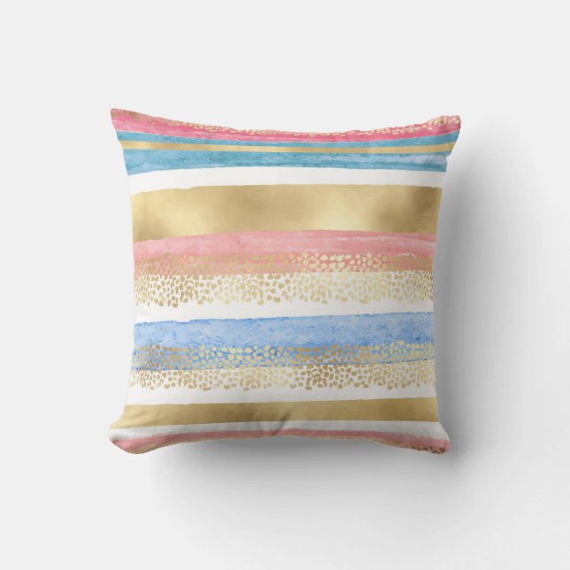 Almofada Artsy Girly Pink Dourado Blue Abstrato Stripes (Frente)
