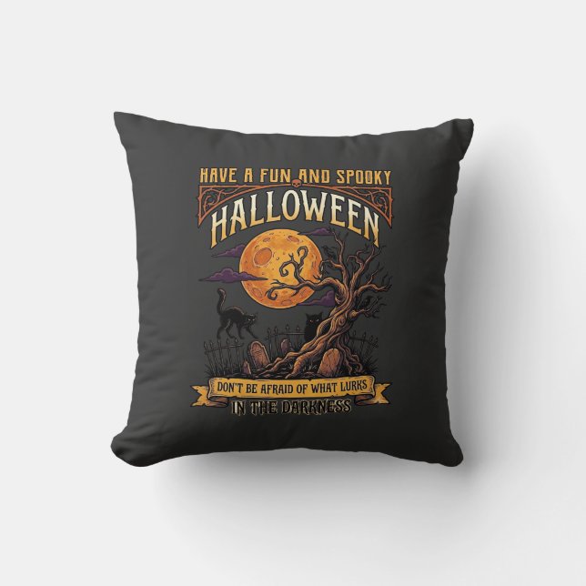 Almofada Árvore Assustadora de Halloween Lua Cheia Gato Pre (Frente)