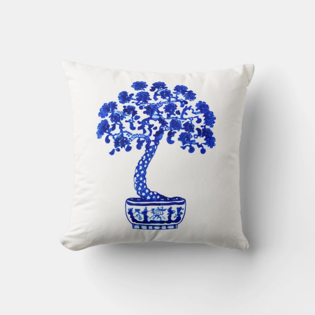 Almofada Árvore Bonsai em Azul Cobalto e Branco (Frente)