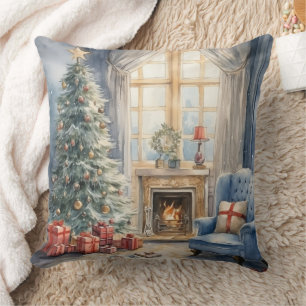 Almofada Árvore da Lareira de Natal Azul