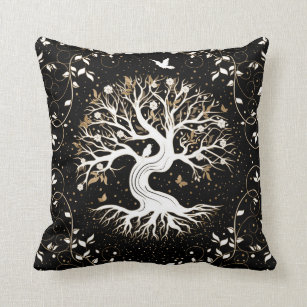Almofada Árvore da vida - Yggdrasil - branco preto e ouro