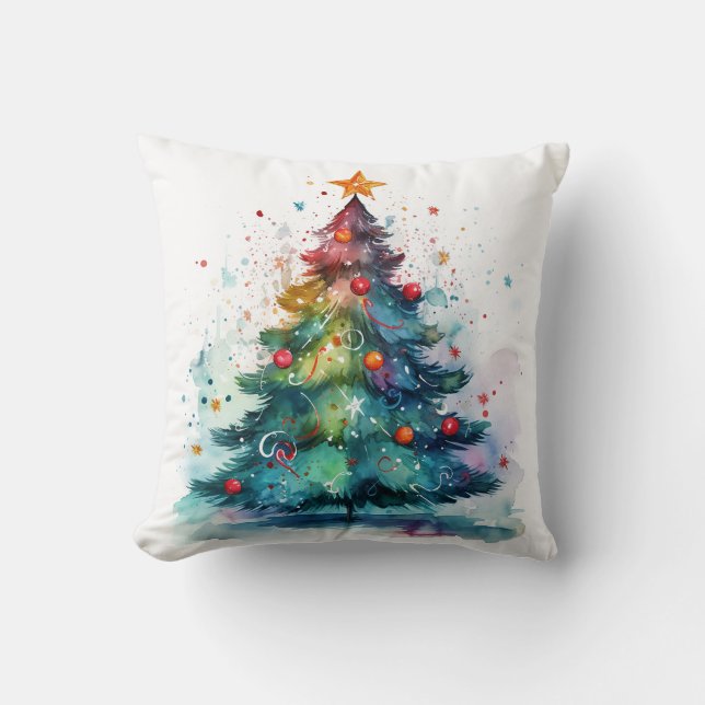 Almofada Árvore de aquarela decorativa de Natal preto (Frente)