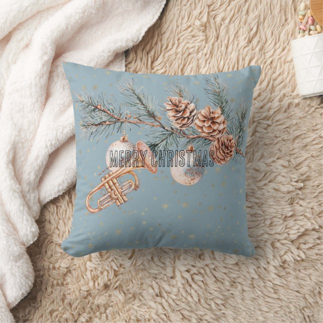 Almofada Árvore de Natal Azul Pinhas Enfeites Trombeta (Cobertor)