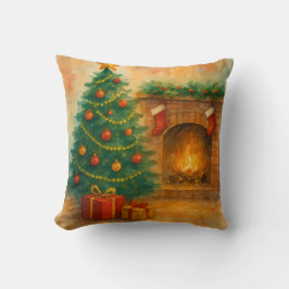 Almofada Árvore de Natal em Aquarela & Lareira Aconchegante
