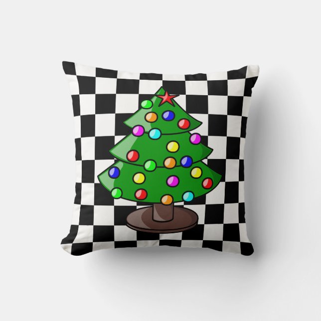 Almofada Árvore de Natal em Fundo Xadrez Preto e Branco (Frente)