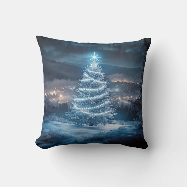 Almofada Árvore de Natal Noturna Brilhante Azul (Frente)