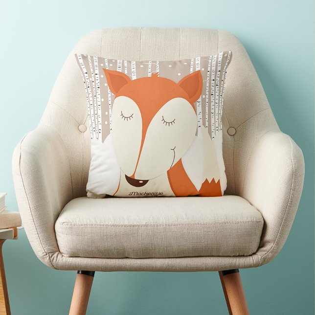 Almofada Árvore de Pássaros da Raposa Vermelha (Red Fox Pillow with Neutral Birch Trees)