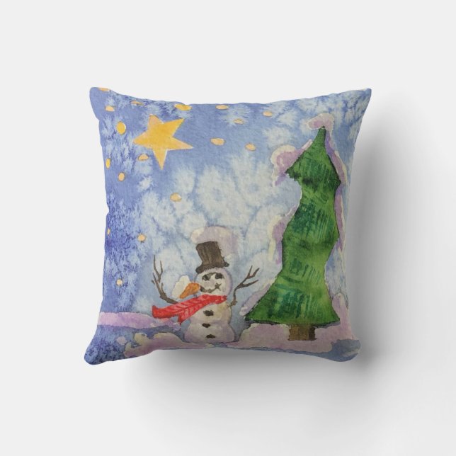 Almofada Árvore Feliz De Natal E Aquarela De Neve Congelada (Verso)