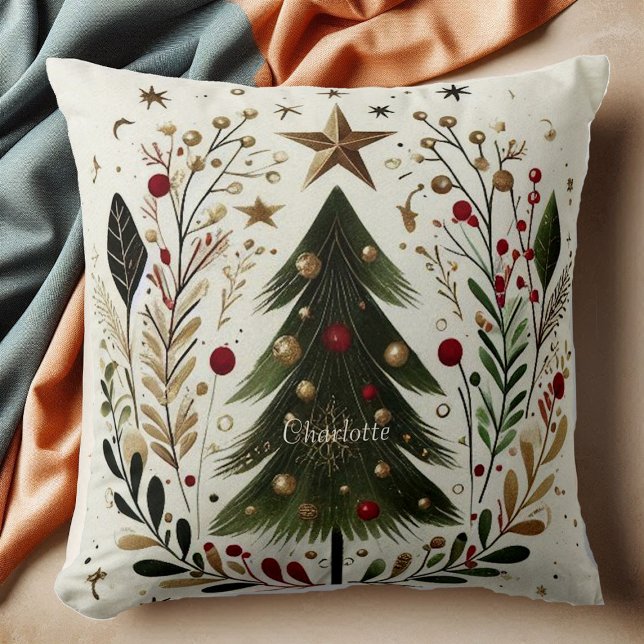 Almofada Árvore Natal Wreath Verde Dourada Star (Christmas Tree Watercolor Green Wreath Gold Star Throw Pillow)