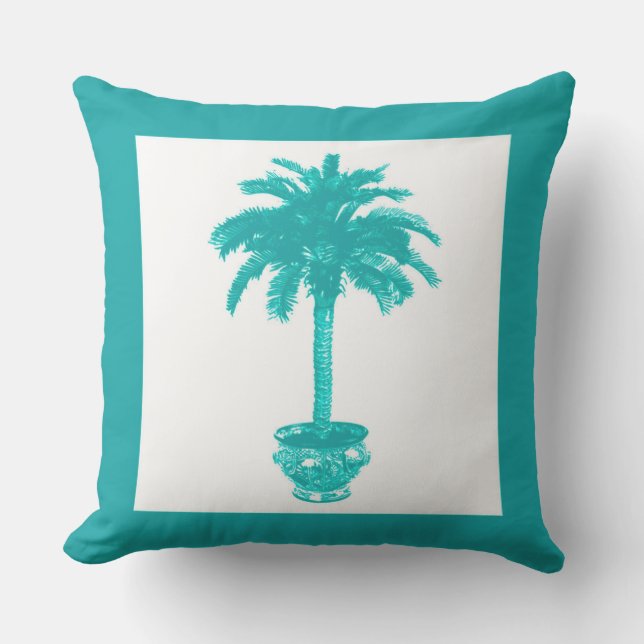 Almofada Árvore Palm Potente - Turquesa e Branco (Frente)