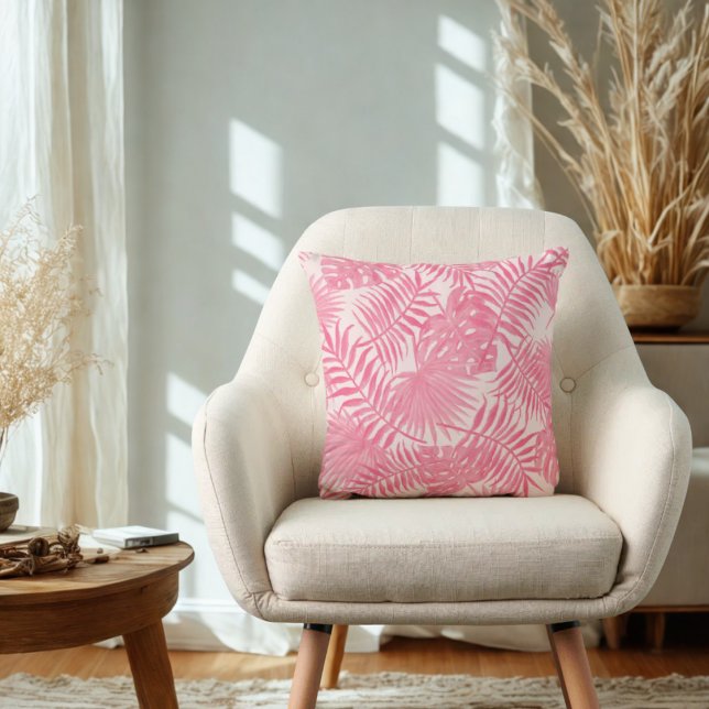 Almofada Árvore Palm Rosa e Monstera - Estética Tropical Bo (PInk aesthetic tropical leaves throw pillow)
