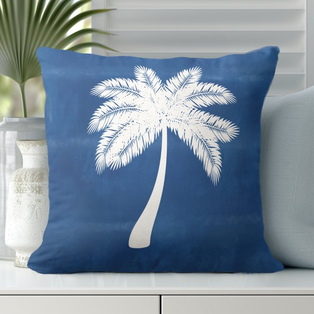 Almofada Árvore Palm Tropical Azul, Branco (Transform Your Room with Coastal Throw Pillows.)