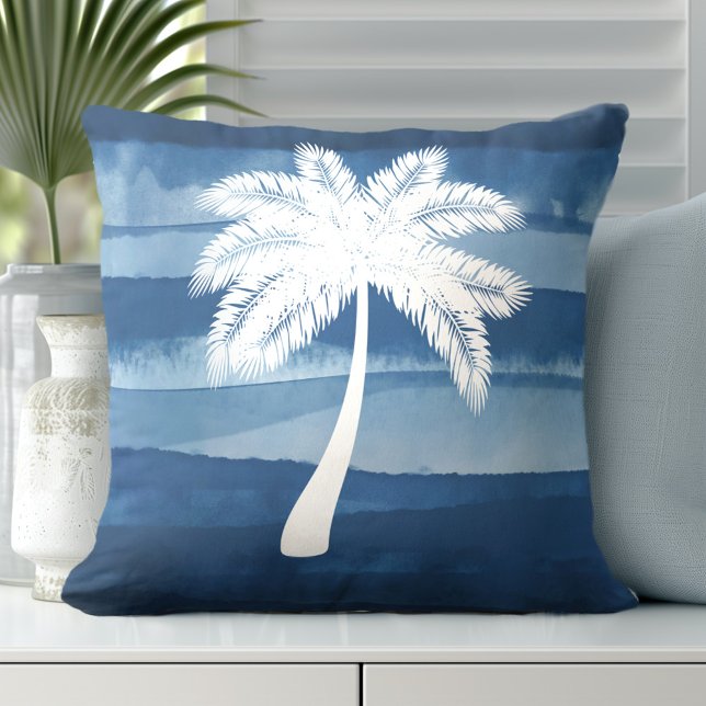 Almofada Árvore Palm Tropical Azul, Branco (Discover our Elegant Coastal Throw Pillows in Blue & White.)