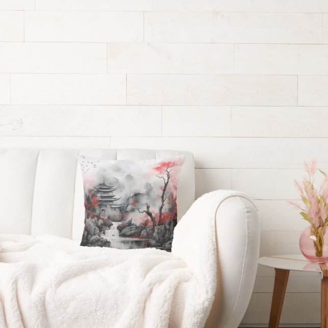 Almofada Árvore Vermelha e Casa Asiática (Sofá)
