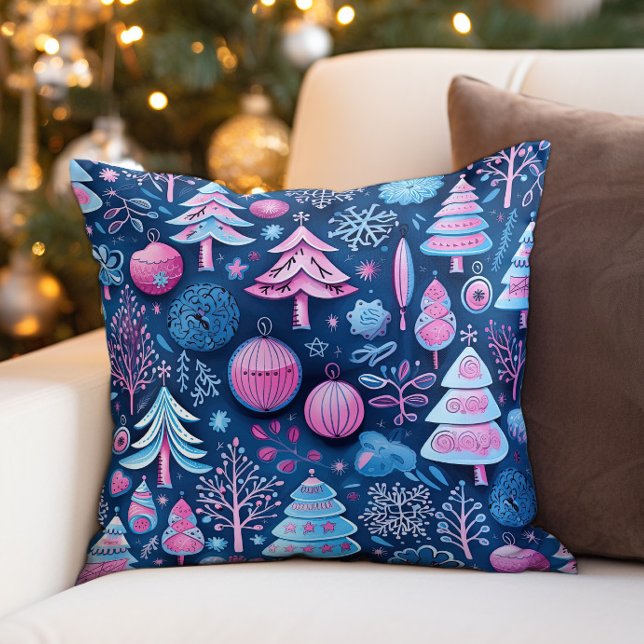 Almofada Árvores de Natal Caprichosas Rosa Azul (Festive blue and pink Christmas decorator pillow)