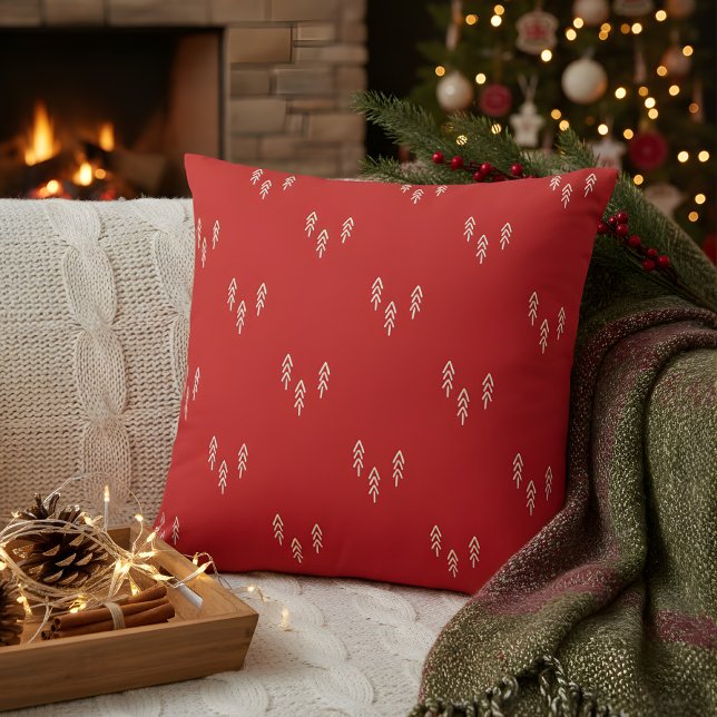 Almofada Árvores de Natal em Travesseiro lombar branco e ve (red christmas pillow with little trees)