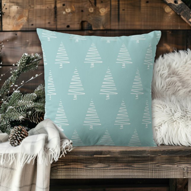 Almofada Árvores De Natal na moda Azul-Verde E Branca (Stylish Blue-Green And White Christmas Trees Throw Pillow)