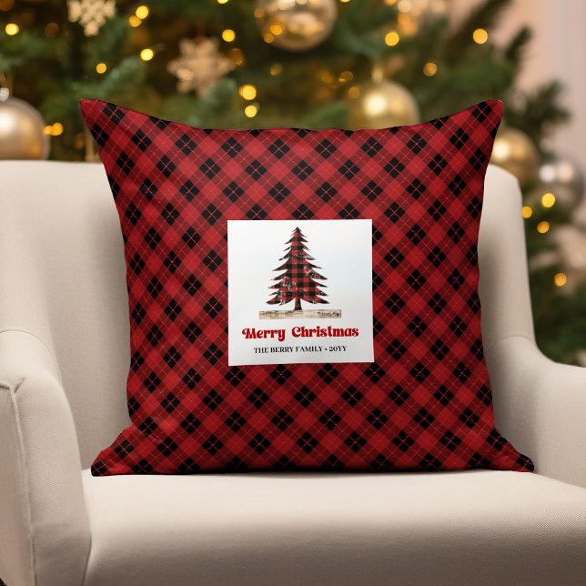 Almofada Árvores de Natal Rústicas Travesseiro de Nome Xadr (Rustic Christmas Trees Buffalo Plaid Name Pillow)