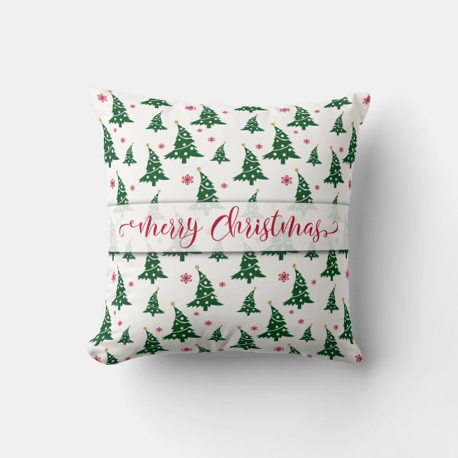 Almofada Árvores de Natal Verdes & Flocos de Neve Vermelhos (Frente)