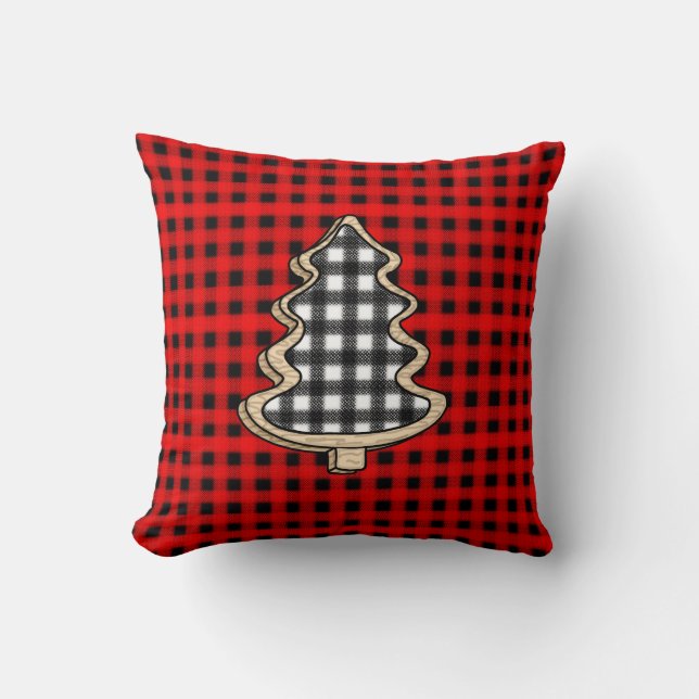 Almofada Árvores de Natal Xadrez de Búfalo, Gingham Vermelh (Frente)