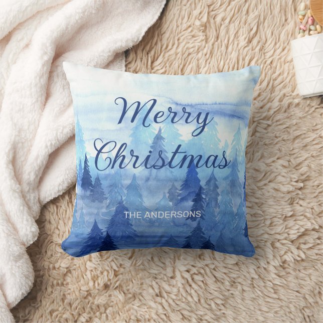 Almofada Árvores de Pinheiro Aquarela Azul Natal Feliz  (Cobertor)