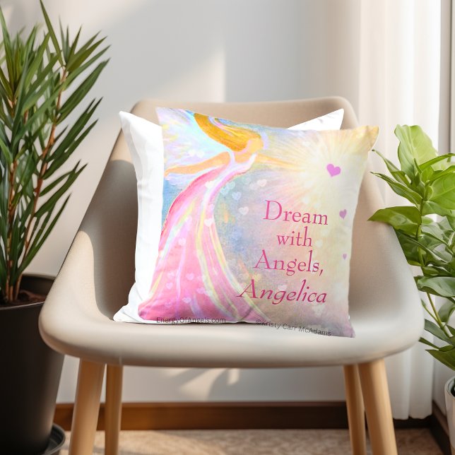 Almofada Asas de Anjo Rosa Azul Coração Sonho Aquarela Nome (Angel Pillow Personalized Name quote Dream with Angels Watercolor Art by Kristy Carr McAdams)