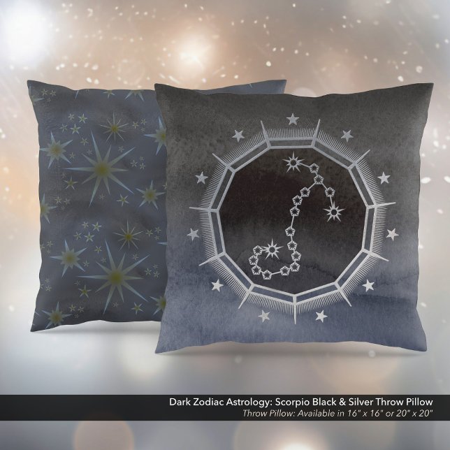 Almofada Astrologia Zodiaca Escorpião Preto e Prata (Dark Zodiac Astrology: Scorpio Black & Silver Square Throw Pillow)