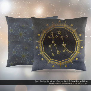 Almofada Astrologia Zodiaca Escura: Gemini Preto e Dourado