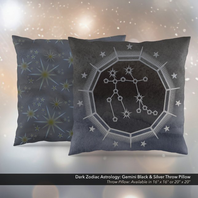 Almofada Astrologia Zodíaca Escura: Gemini Preto e Prata (Dark Zodiac Astrology: Gemini Black & Silver Square Throw Pillow)