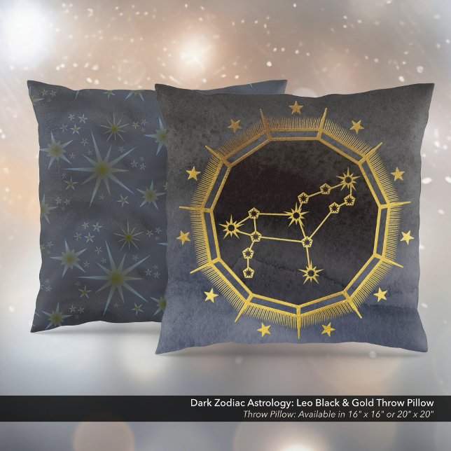 Almofada Astrologia Zodiaca Escura: Leo Black & Dourado (Dark Zodiac Astrology: Leo Black & Gold Square Throw Pillow)