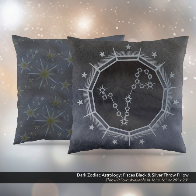 Almofada Astrologia Zodiaca Escura: Peixes Preto e Prata (Dark Zodiac Astrology: Pisces Black & Silver Square Throw Pillow)