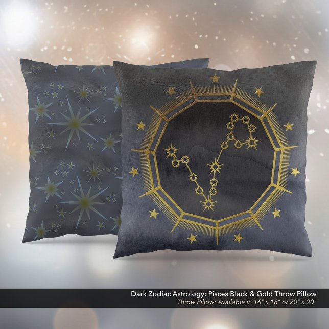 Almofada Astrologia Zodiaca Escura: Peixes Pretos e Dourado (Dark Zodiac Astrology: Pisces Black & Gold Square Throw Pillow)
