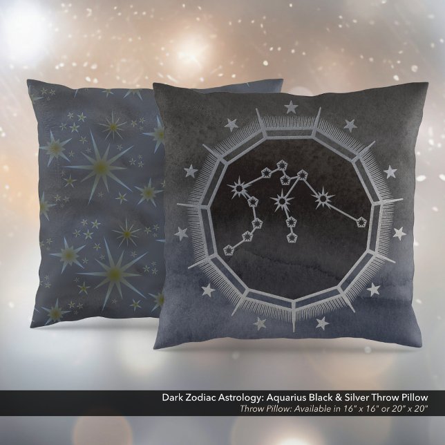 Almofada Astrologia Zodiaca Escura: Preto Aquário e Prata (Dark Zodiac Astrology: Aquarius Black & Silver Square Throw Pillow)