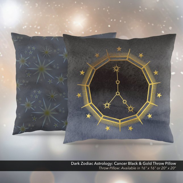 Almofada Astrologia Zodiaca Escura: Preto-Cancer e Dourado (Dark Zodiac Astrology: Cancer Black & Gold Square Throw Pillow)