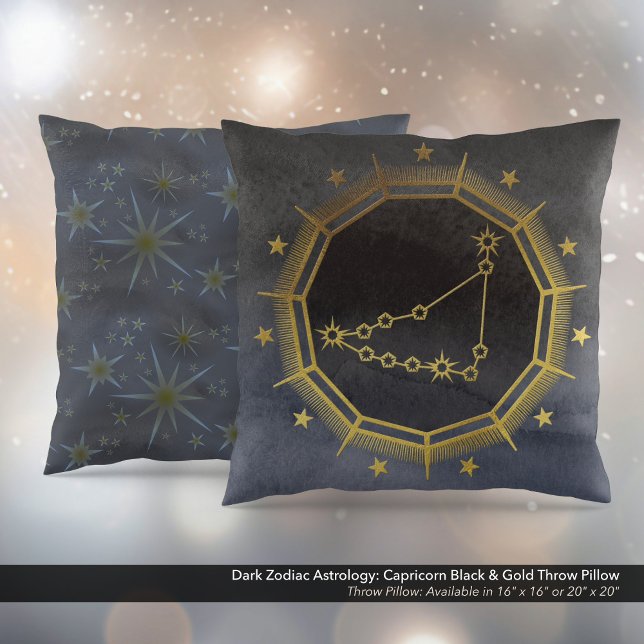 Almofada Astrologia Zodiaca Escura: Preto-Capricórnio e Dou (Dark Zodiac Astrology: Capricorn Black & Gold Square Throw Pillow)