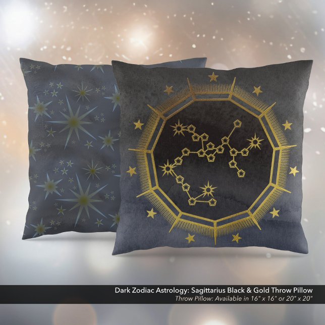 Almofada Astrologia Zodiaca Escura: Preto Sagitário e Doura (Dark Zodiac Astrology: Sagittarius Black & Gold Square Throw Pillow)