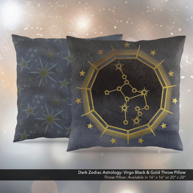 Almofada Astrologia Zodiaca Escura: Virgo Preto e Dourado (Dark Zodiac Astrology: Virgo Black & Gold Square Throw Pillow)