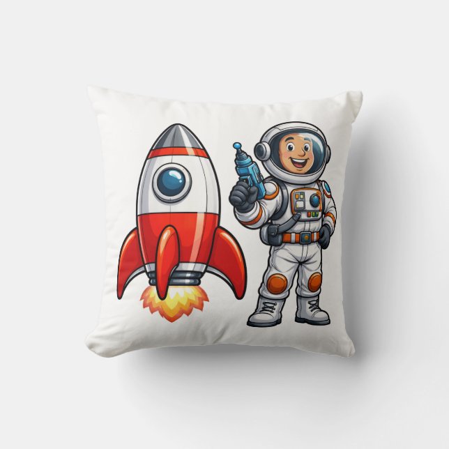 Almofada Astronauta com Arte Espacial de Desenho de Foguete (Frente)