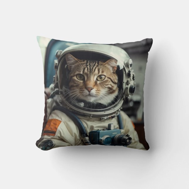 Almofada Astronauta de Gato cinza no Espaço Exterior (Frente)