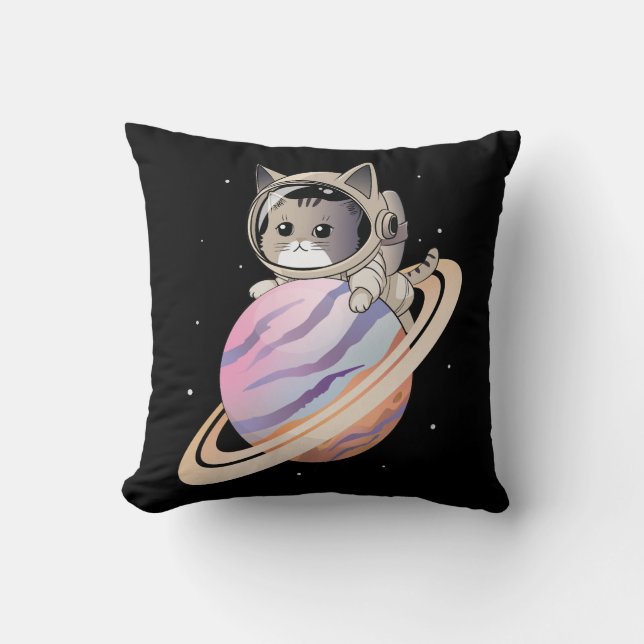 Almofada Astronauta de Gato Espacial com Planeta Saturno (Frente)