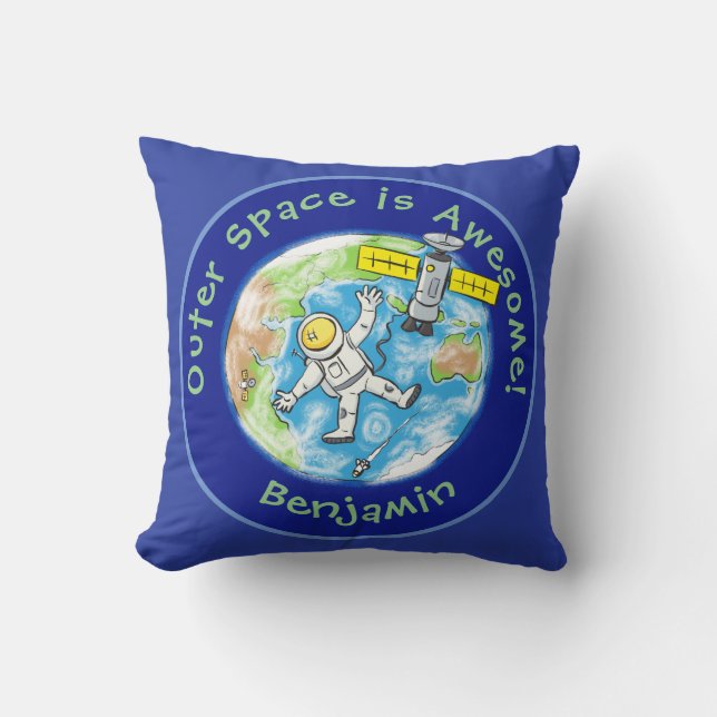 Almofada Astronauta divertida com o desenho de satélite sob (Frente)