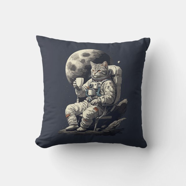 Almofada Astronauta Gato com Xícara de Café (Frente)