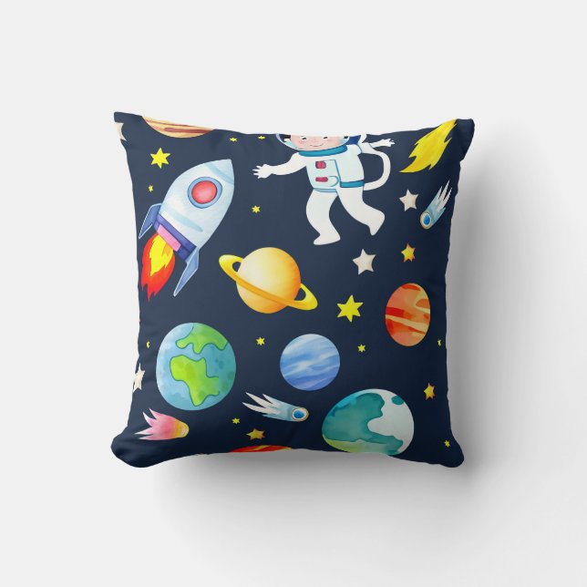 Almofada Astronauta no Espaço Planetas e Foguetes Padrão (Frente)
