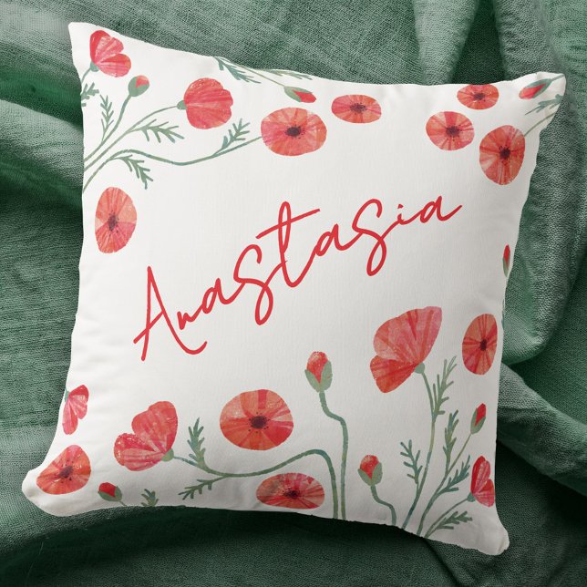 Almofada August Birth Month Flower Poppy Personalized (August birthday birth flower month poppy personalized custom name throw pillow gift)