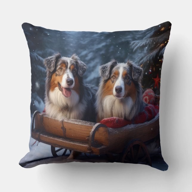 Almofada Australian Shepherd Snowy Sleigh Decoração de Nata (Frente)