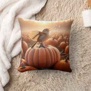 Almofada Autumn Bird Cantando em uma abóbora
