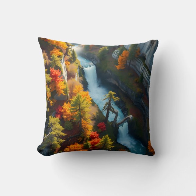 Almofada Autumn Canyon Waterfall – Vibrant Fall Forest Land (Frente)
