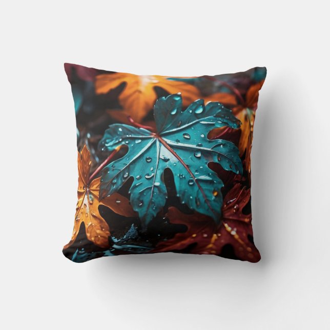 Almofada "Autumn Leaves Symphony:Raindrops on Fall Foliage" (Frente)